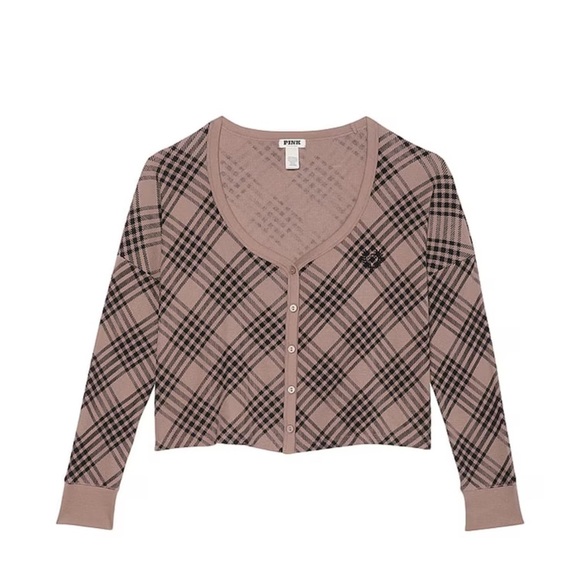PINK Victoria's Secret Plaid Button-Up Top in Brown and Black - Picture 6 of 6